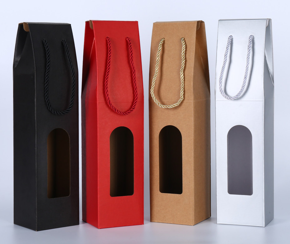 UV Coating 2 Ply Wine Bottle Paper Bags With Cut Out Windows wine bottle drawstring fabric bag packaging