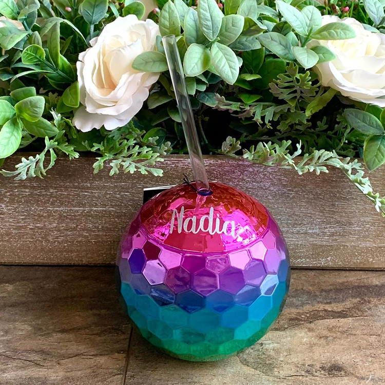 Light Up Disco Ball Drink Cup With Straws 450ml Unbreakable