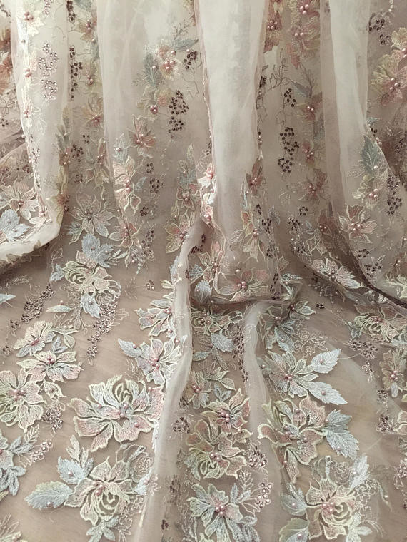36 Inch Pearl Beaded Embroidery Lace Fabric By Yard For Haute Couture Wedding Gown
