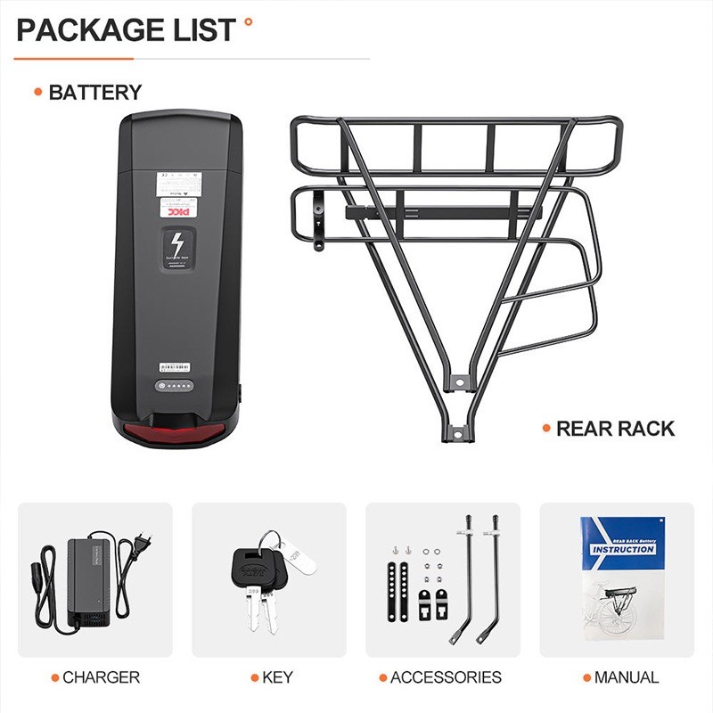 10S4P 36V/48V Lithium Electric Bike Battery Black Rear Hanger Tail Series 10.4AH