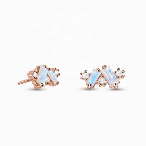 China Rainbow Moonstone Earrings Baguette cut Natural Moonstone Stud Earring Jewelry wholesale