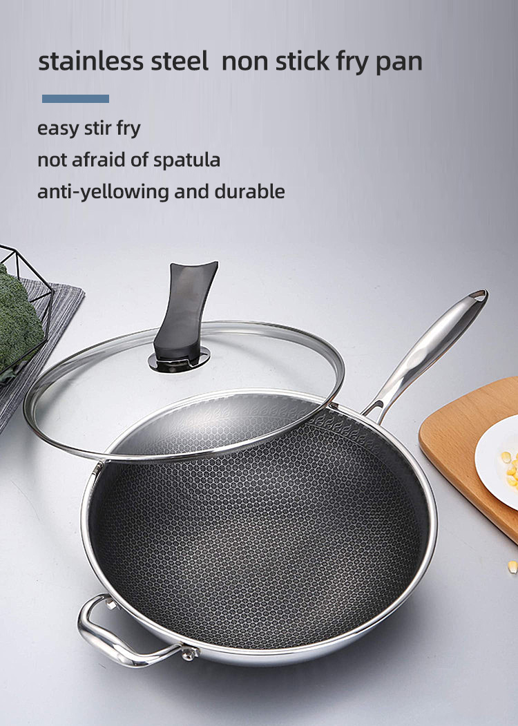 Custom OEM/ODM Kitchen Honeycomb Frying Pan 18/8 Stainless Steel Frypan Non Stick Cooking Pan With Glass Lid