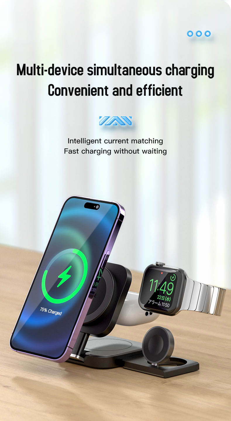 3 In 1 Fast Wireless Charger with Over-Charging Protection and Magnetic Foldable Design