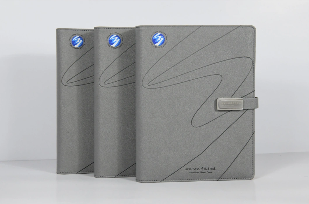 Grey High-Grade PU Leather Notebook with Magnetic U Disk Buckle, Customizable Logo
