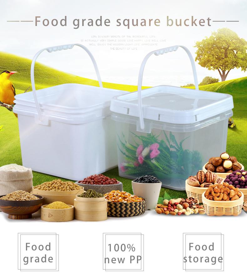Customized Printing Injection Moulding Square Plastic Bucket With Lid White Logo Design