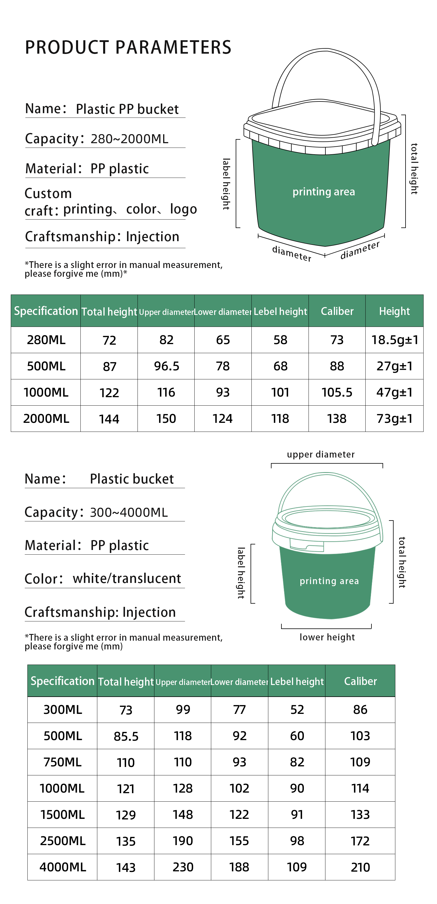 1L Thicken Decorative Round Plastic Buckets With Handle for Christmas Gift Toy Package