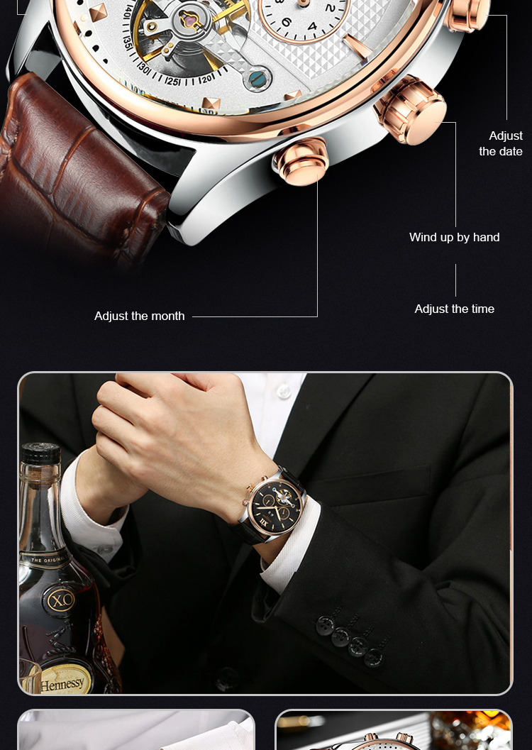 KINYUED Power Reserve Sport Custom Waterproof Watch Genuine Leather Strap For Watch Mechanical Wristwatch