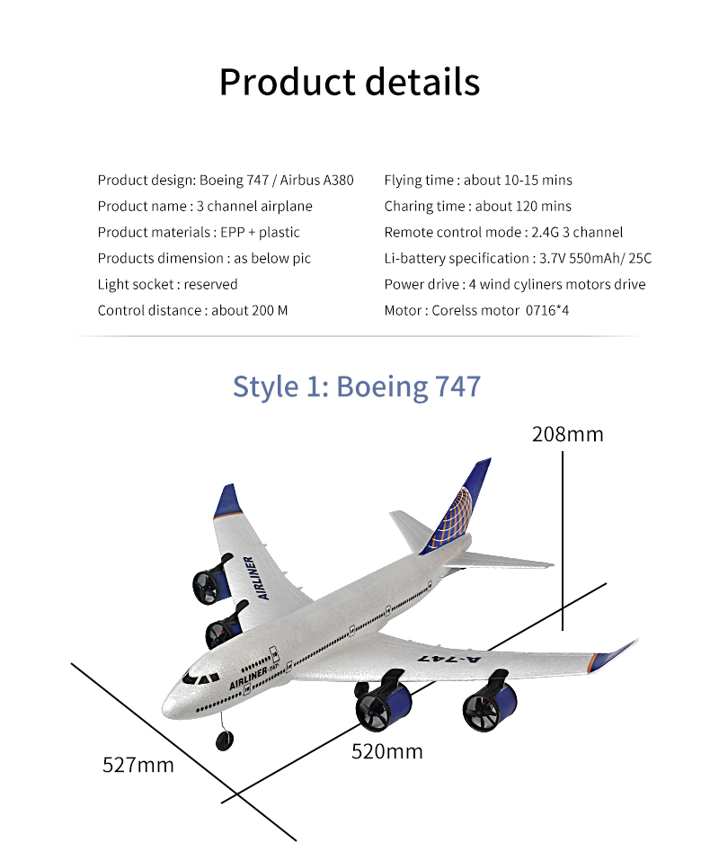 Simulated Remote Controlled Glider 2.4g Fixed Wing Aircraft Ready-to-Go Children's RC Electric Toy Three Passenger Plane