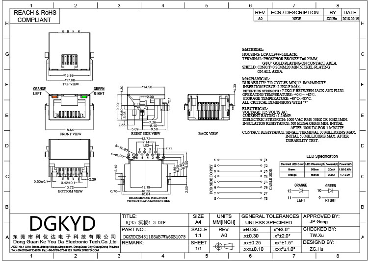DGKYDCB431188AB7WA6DB1075 4.3 Sink Board Connector RJ45 Socket With Lamp Package Shield