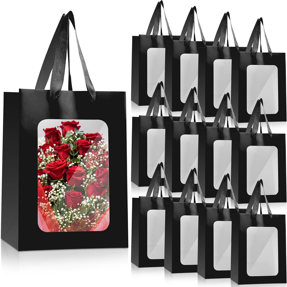 Custom Flower Gift Packaging Kraft Paper Bags With Transparent Window and Custom Logo