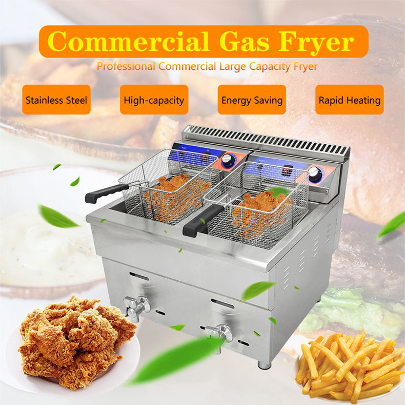 220V Double-tank Gas Deep Fryer Machine for Fast Food Restaurant Stainless Steel Chicken Fryer
