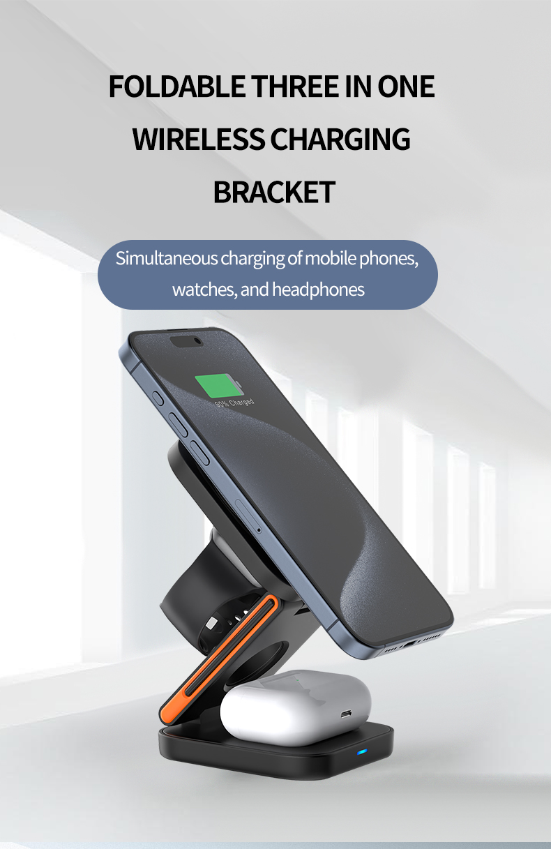 Mobile Phone Stand 3-in-1 Foldable Magnetic Wireless Charger with Over-Charging Protection and USB-Type C Input Port