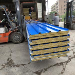 China fireproof 50mm rock wool roof sandwich panel 960-50-0.376mm blue steel sheet up wholesale