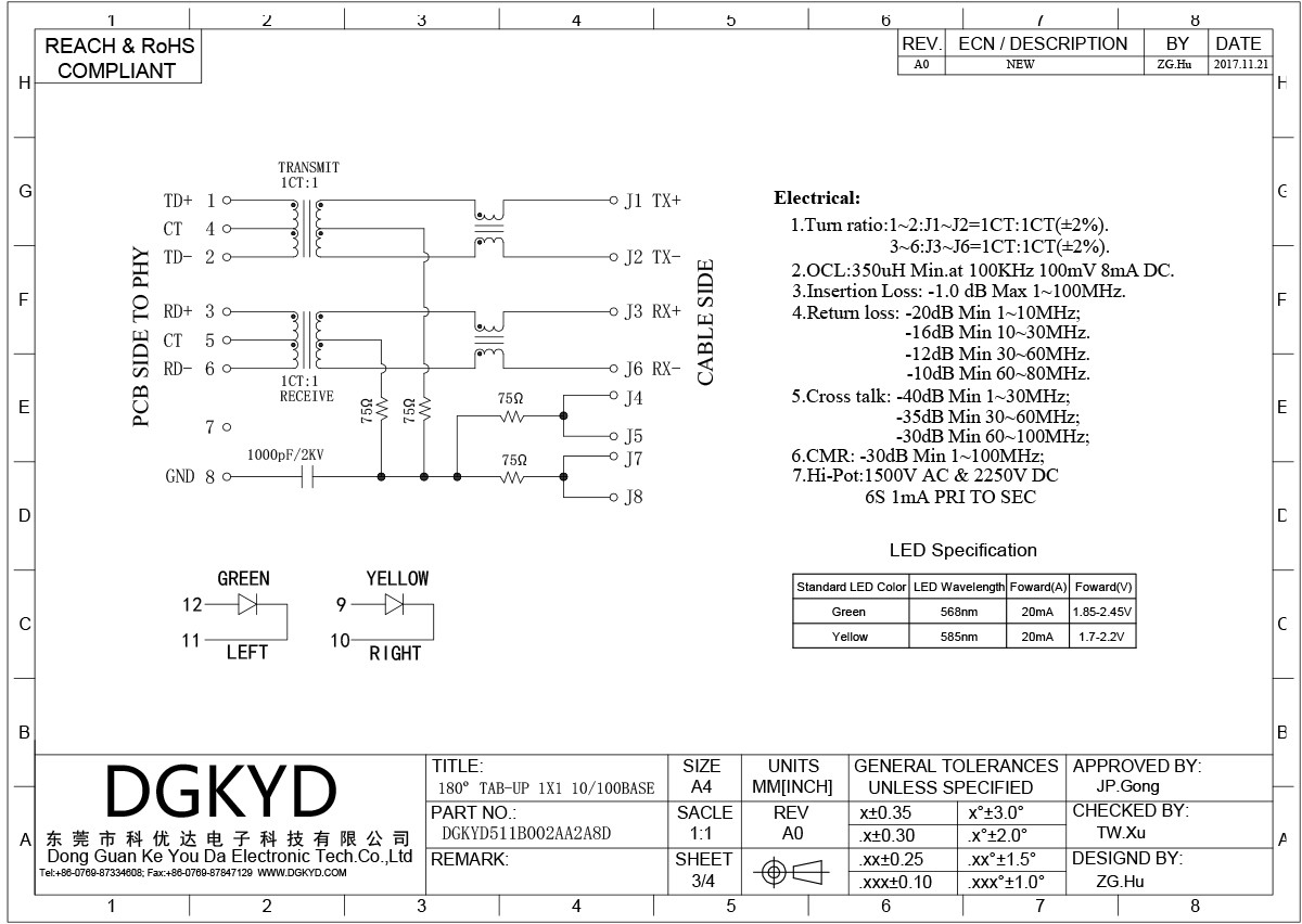 RJ45 Vertical Interface 180 Degree Network Connector 100MB Transformer DGKYD511B002AA2A8D