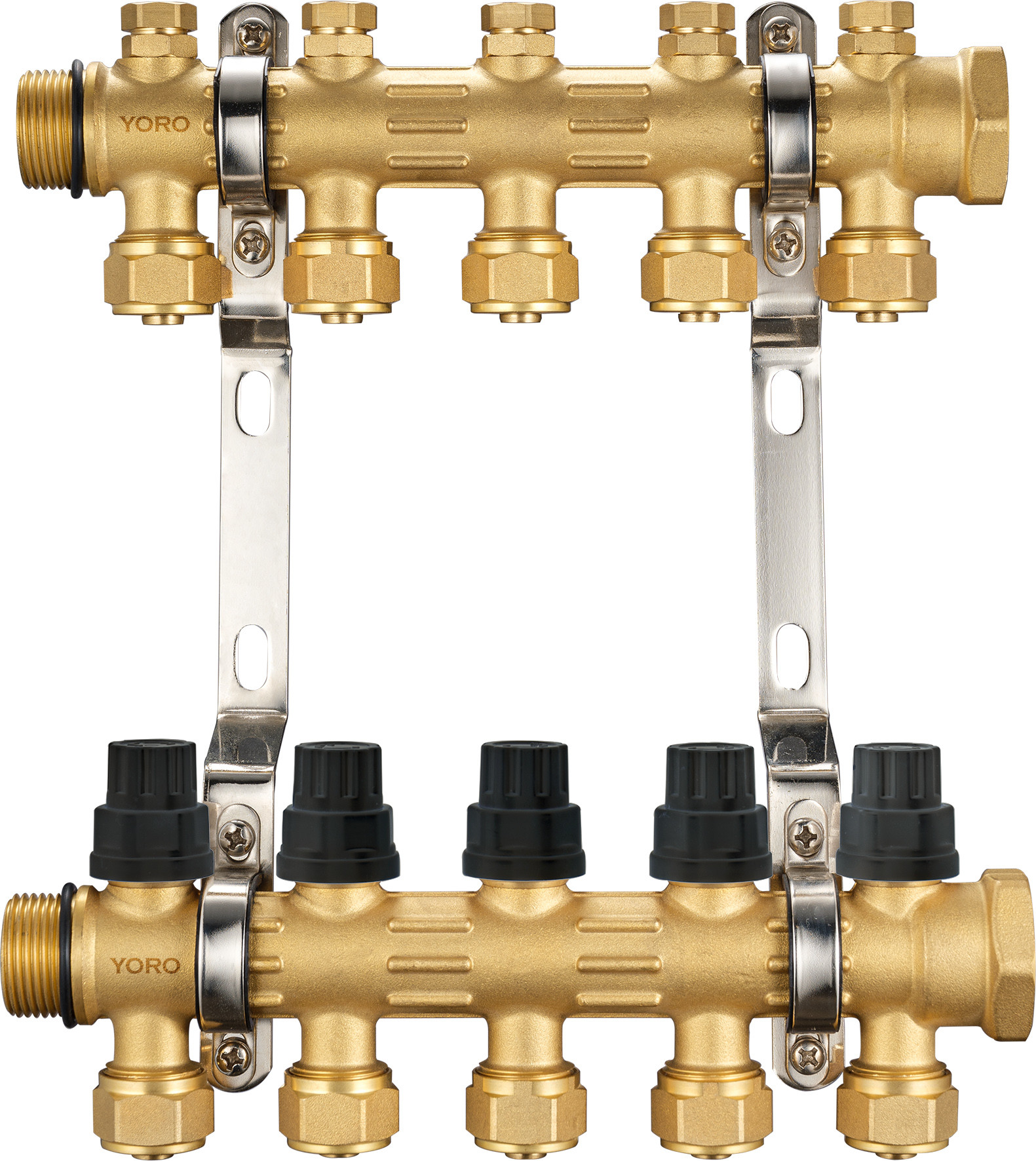 6201 Hot Forged Brass Water Distribution Manifolds up to 8 Branches w/ Concealed Supply Flowrate Tuning Heads & Top Caps