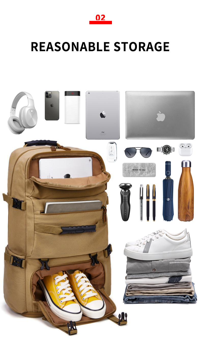 56-77Litre Vintage Canvas Laptop Backpack Khaki Color Waterproofing