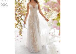 China Sexy A Line Bridal Gowns / Sling Beige Deep V Neck Wedding Gown Laces Beading wholesale