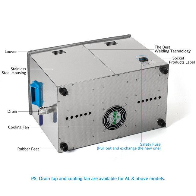 SUS304 Tank 20L Parts Ultrasonic Cleaner 400W With Drain Valve And Thermostat Sensor