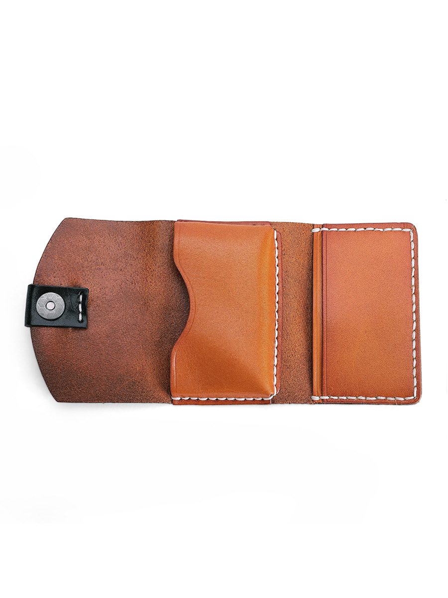 Vegetable Tanned Leather Short ID Card Holder for Cowhide Change Coin and Open Closure