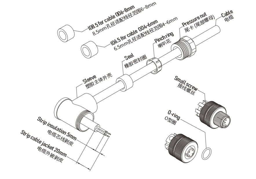 Right Angled Field Installation M12 Connector 5 Pin A Code Screw Termination Pg9