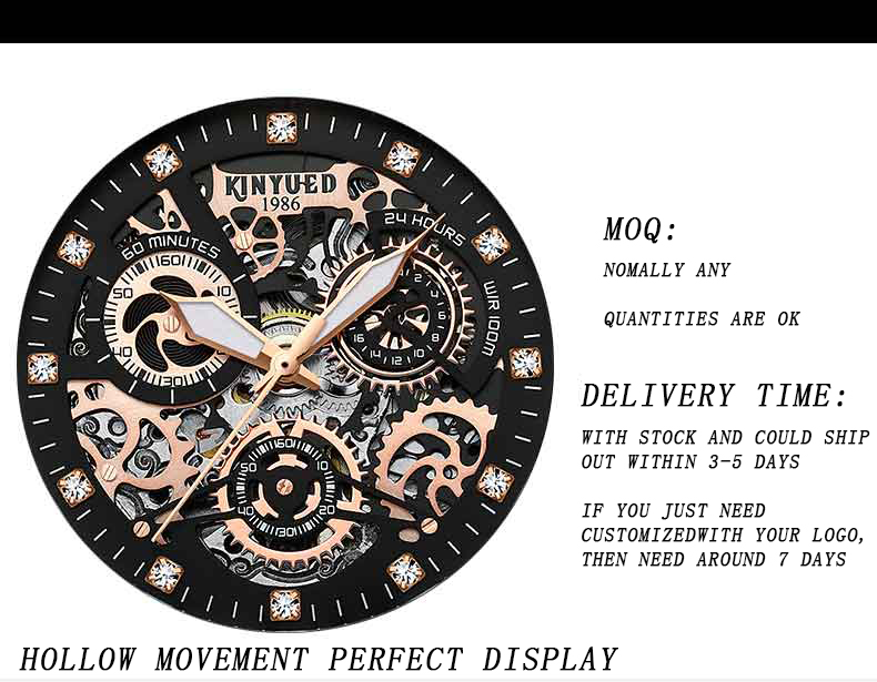 KINYUED oem waterproof custom logo leather fashion tourbillon skeleton wrist watch luxury automatic watches mens watch