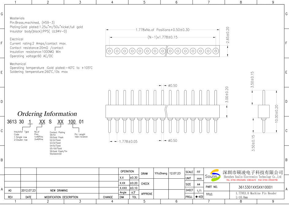 Straight Round Pin Header Connector 1.778mm Pitch