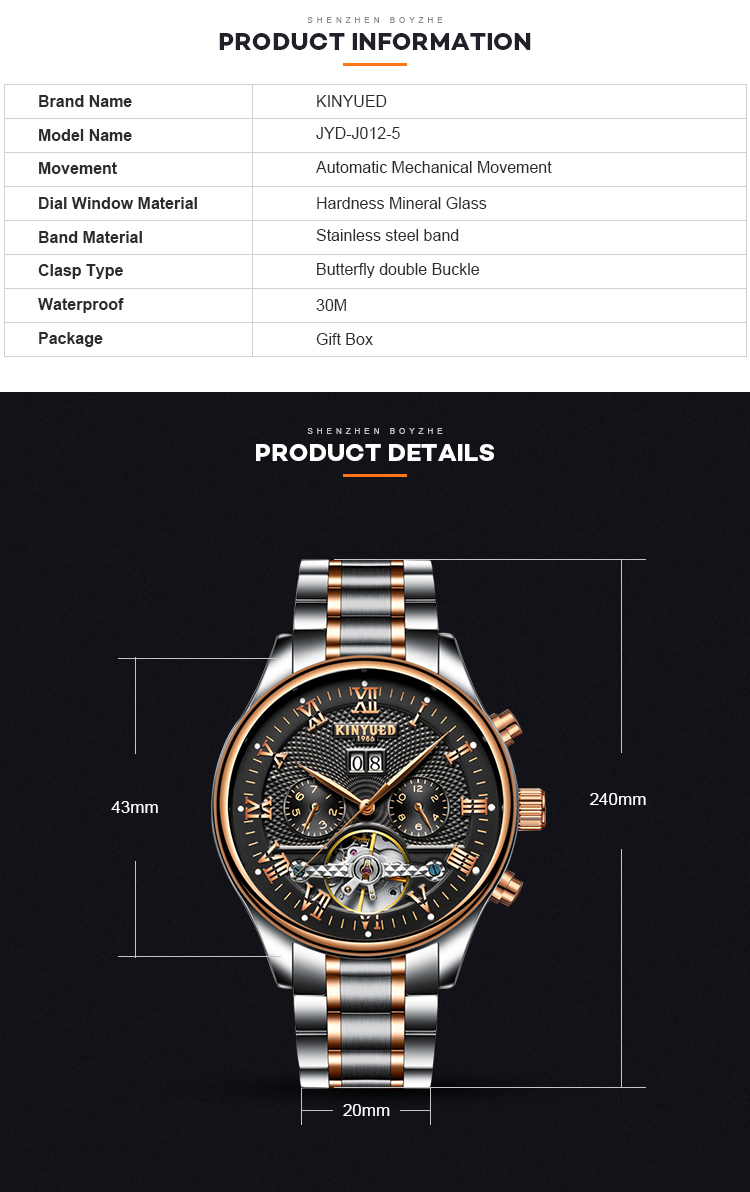 KINYUED In Stock Fancy Watch Tourbillon Power Reserve Watch Automatic Watch Luxury