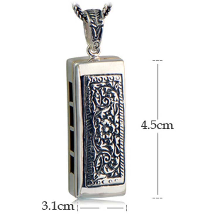 Retro Mens Sterling Silver Necklace with Mouth Organ Pendant and Wheat Chain (003817W)