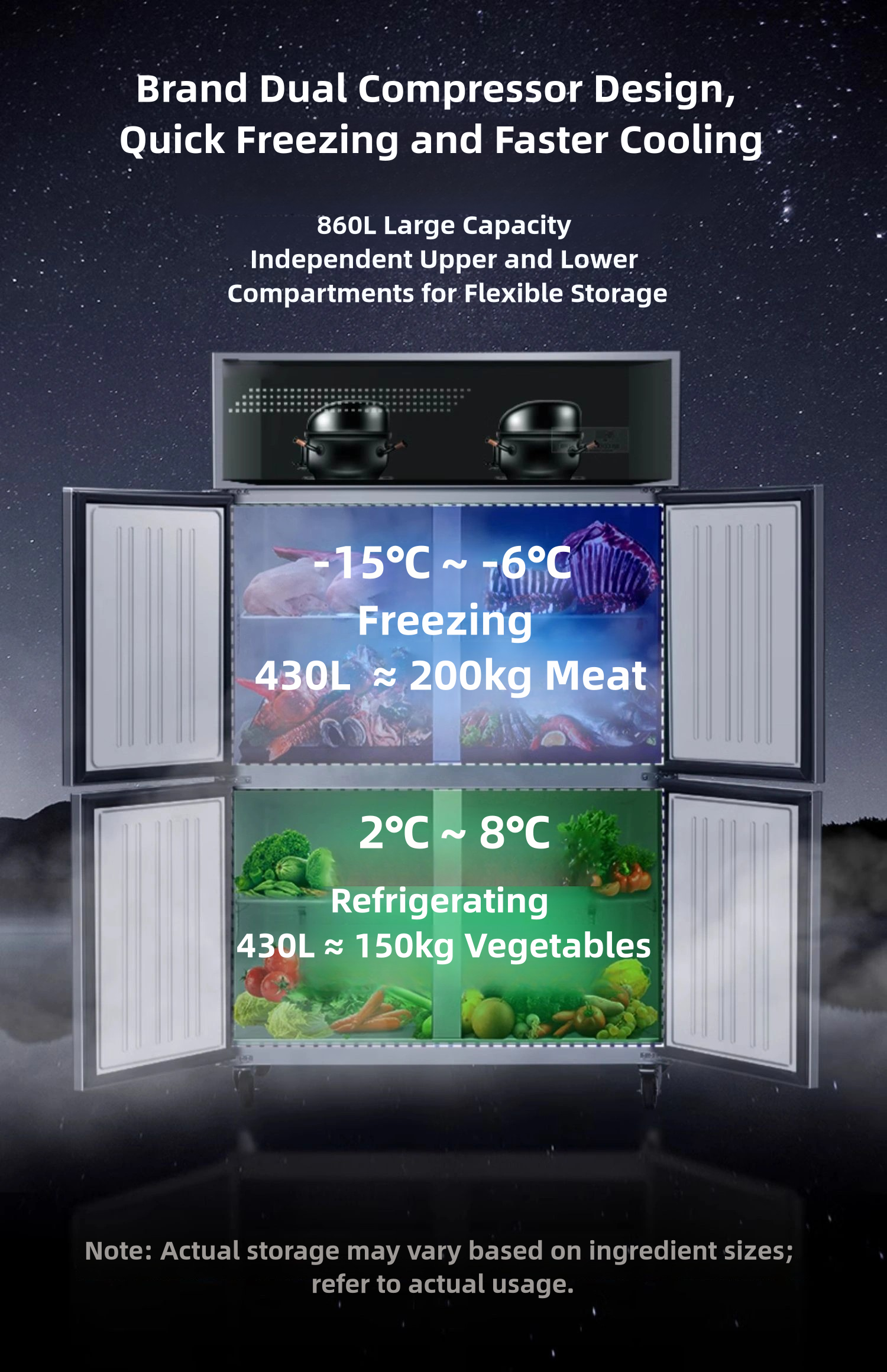 Stainless Steel Refrigeration Equipment for Kitchen 2/3/4/6 Door Refrigerator/Freezer