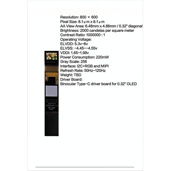 High Brightness Mini Oled Screen Type-C Monocular Display Solution 2000cd/M² High Contrast 0.32 inch 800*600 dots