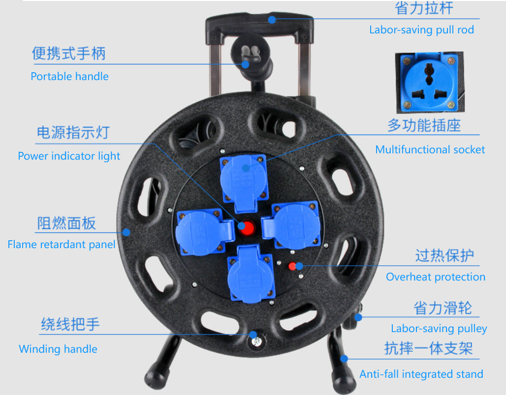 4 Way General Sockets IP44 Retractable Extension Cable Reel Drum 20m 50m 100m Customized Length
