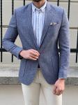 Slim Fit Self Patterned Blue Business Casual Blazer Outfit