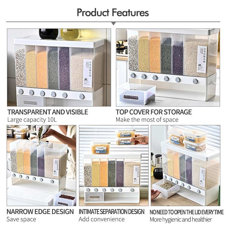 6 Grids Plastic Cereal Storage Box for Kitchen Food