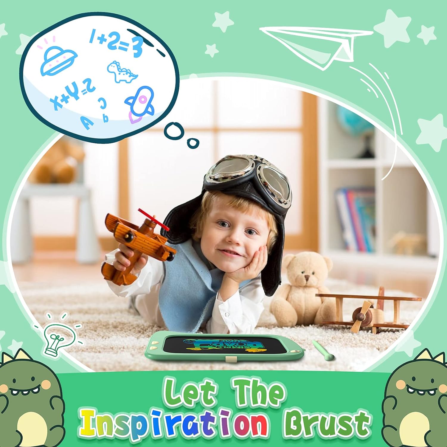 Unisex 8.5 Inch LCD Doodle Board Toy Green Dinosaur Drawing Pad for Kids 2-6 Years Old