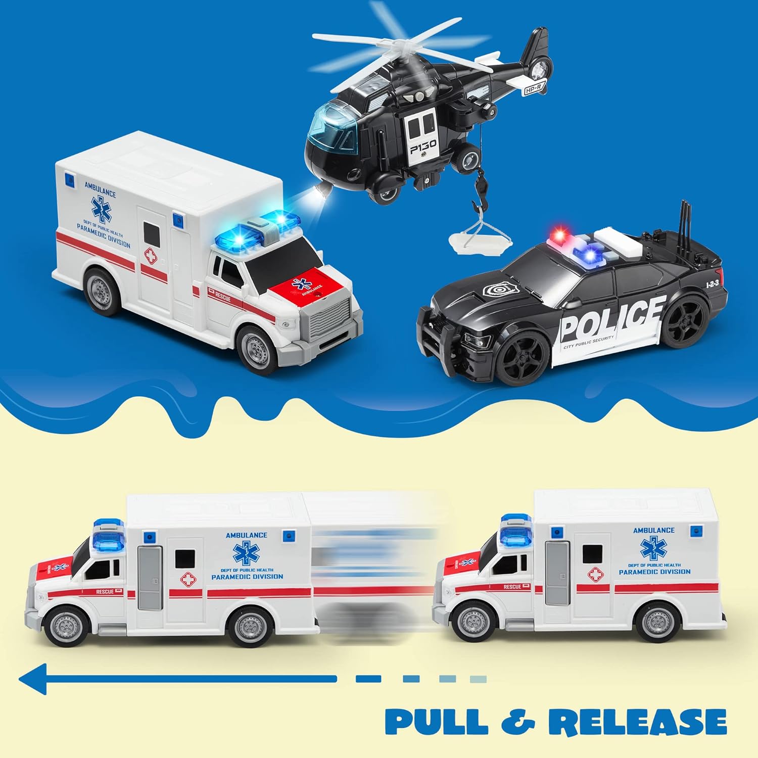 Police Car Emergency Vehicle Friction Powered Car Birthday Gifts for Boys Girls Age 3-9