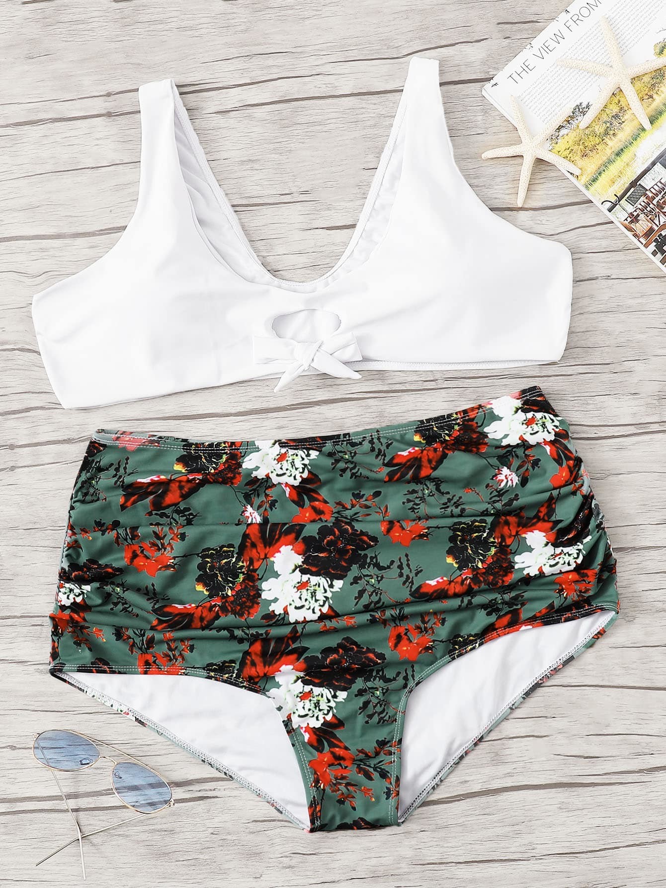 Big Size Wrap Halter Top With Floral print Bikini Set Swimwear Women size 3XL