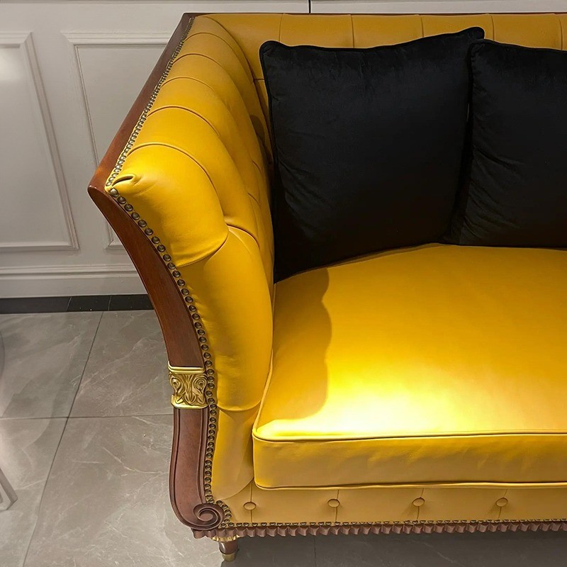 Vintage Hotel Lobby Furniture Wooden Frame Chesterfield Leather Villa Sofa Set