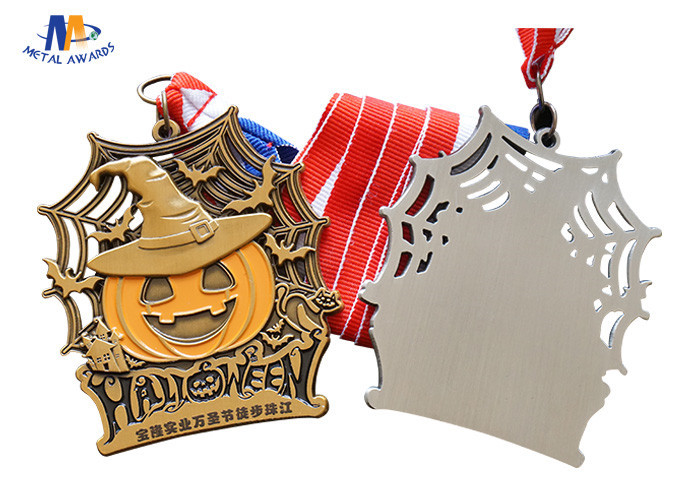 Halloween Medal In Antique Brass / Silver With Plain Woven Ribbon