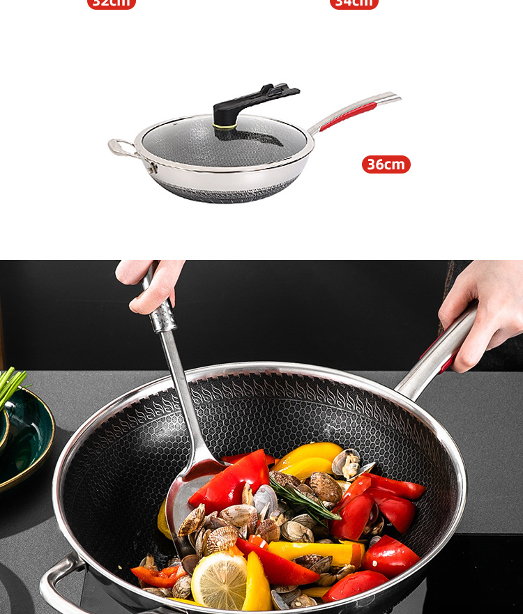 Hot Selling Kitchen 32cm Induction Wok Pan SUS 304 Stainless Steel Honeycomb Non-stick Frying Pan