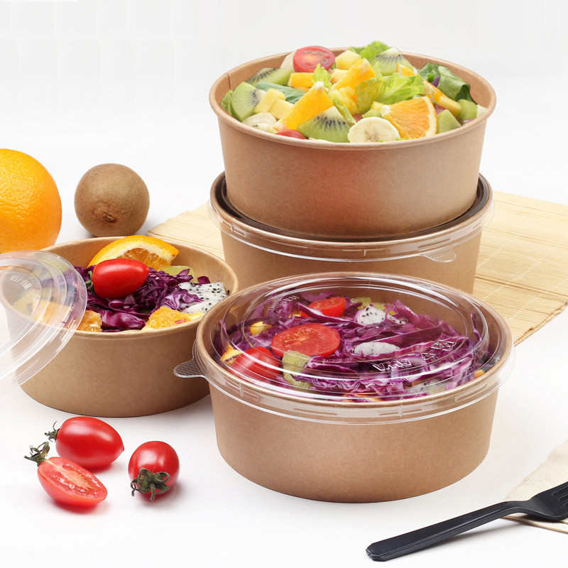 Round Salad Craft Paper Bowls 700ml Single Wall Customized With Lids