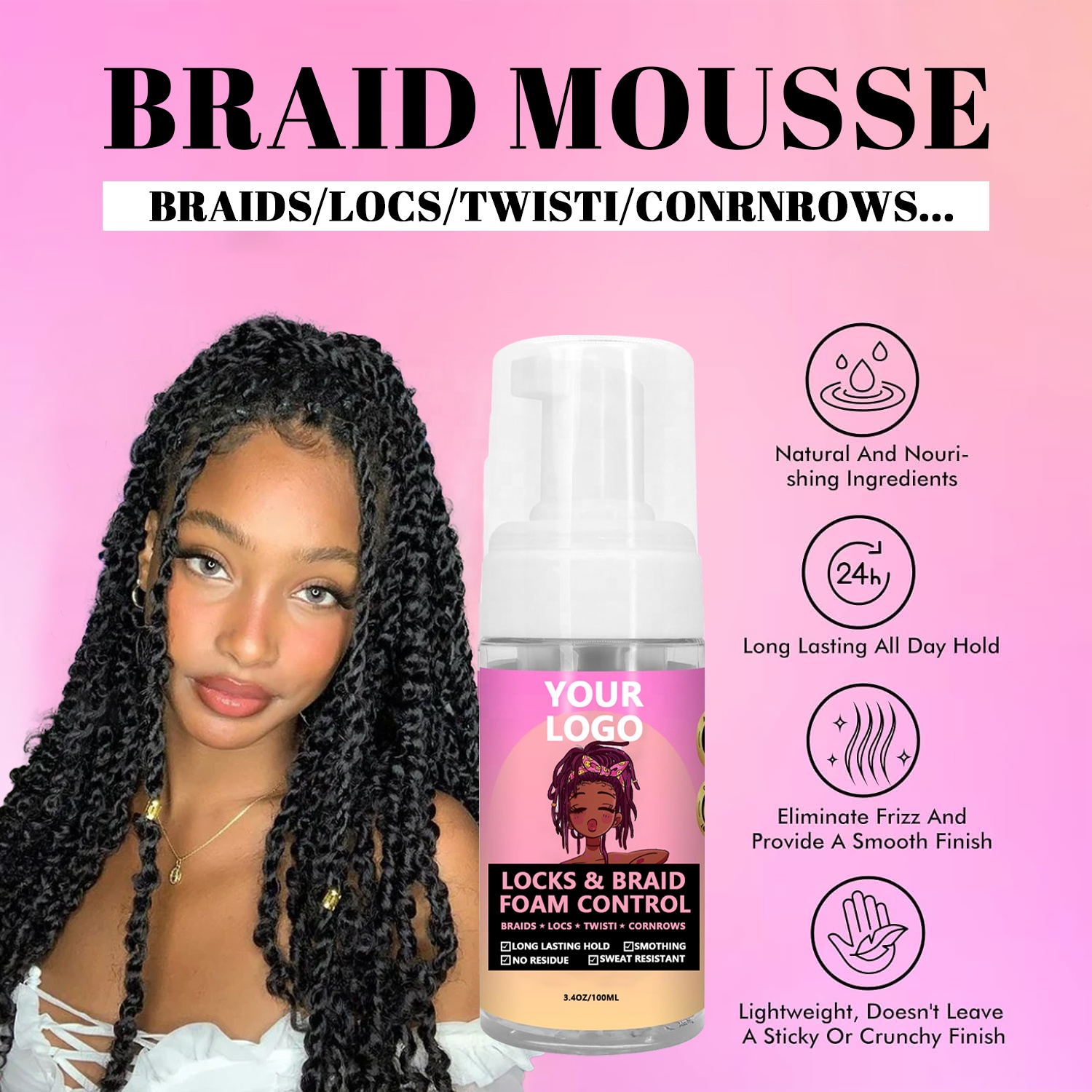 Extra Hold Curl Hair Mousse for Braids Braids Wigs Styling Foaming Private Label