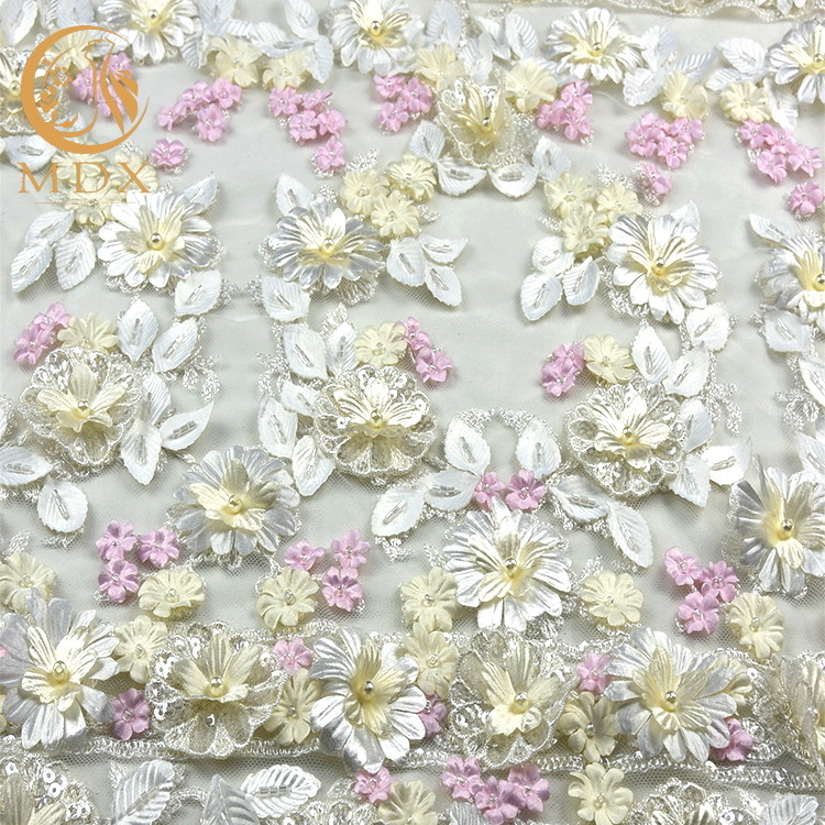 3D Flowers Bridal Lace Fabrics Soluble 1 Yard Embroidery Multicolor