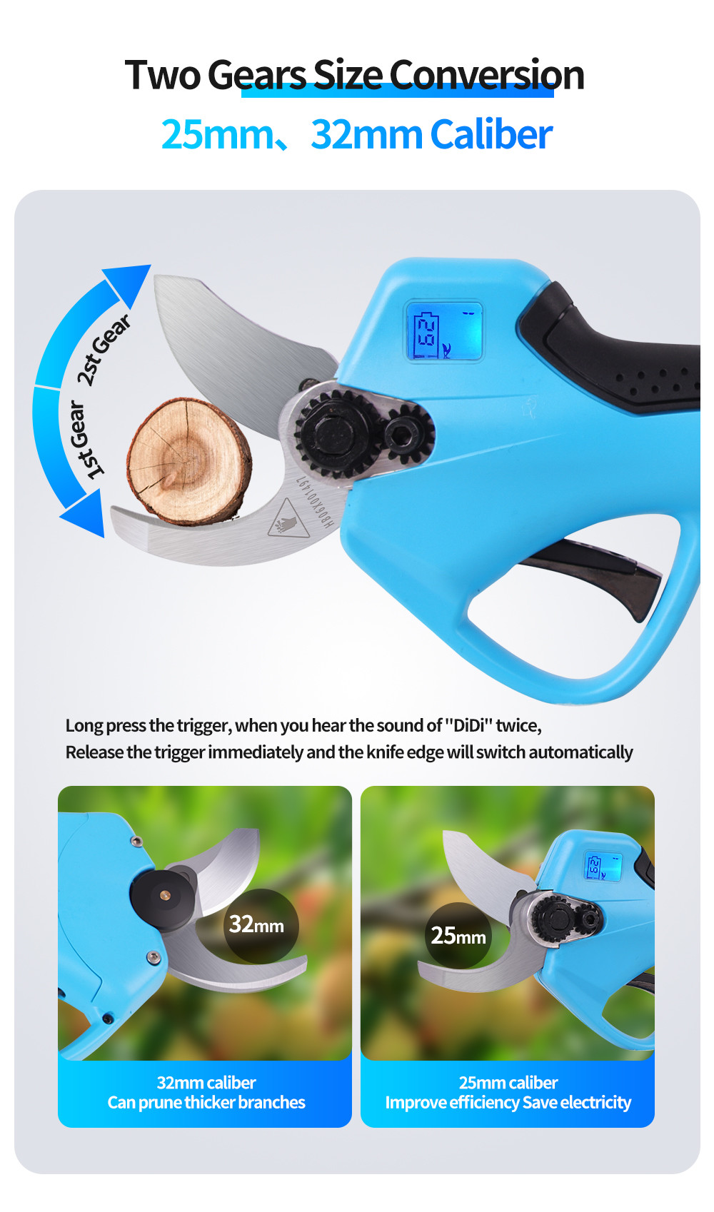 16.8V 32mm Rechargeable Pruning Shears Garden Pruning Orchard Tree High Branch Lithium Electric Pruning Shears
