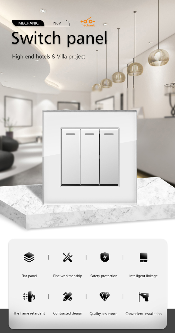 Tempered Glass Panel Plastic button Wall Light Switch Rohs Certificate