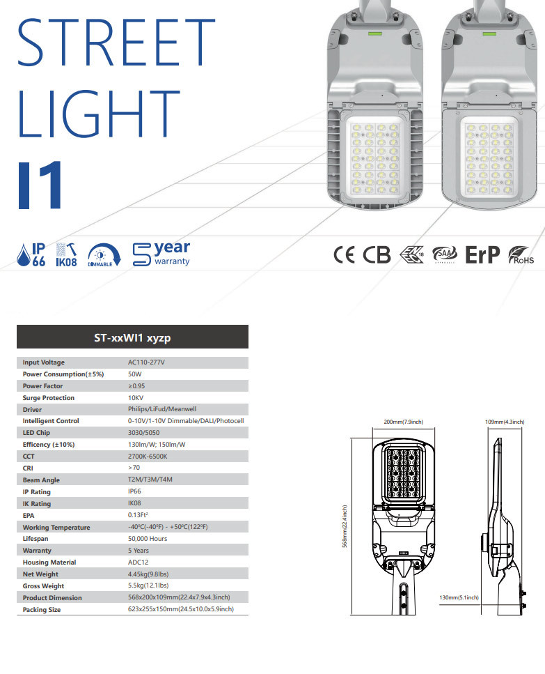 60W-300W Outdoor LED Street Lamp Solar IP66 Garden