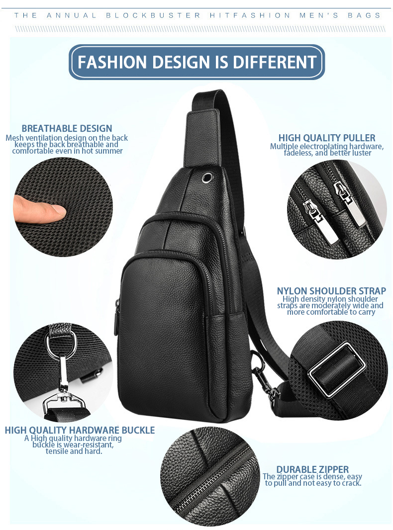 Acceptable OEM ODM Men's Chest Bag Genuine Leather with USB Charging and No Decoration
