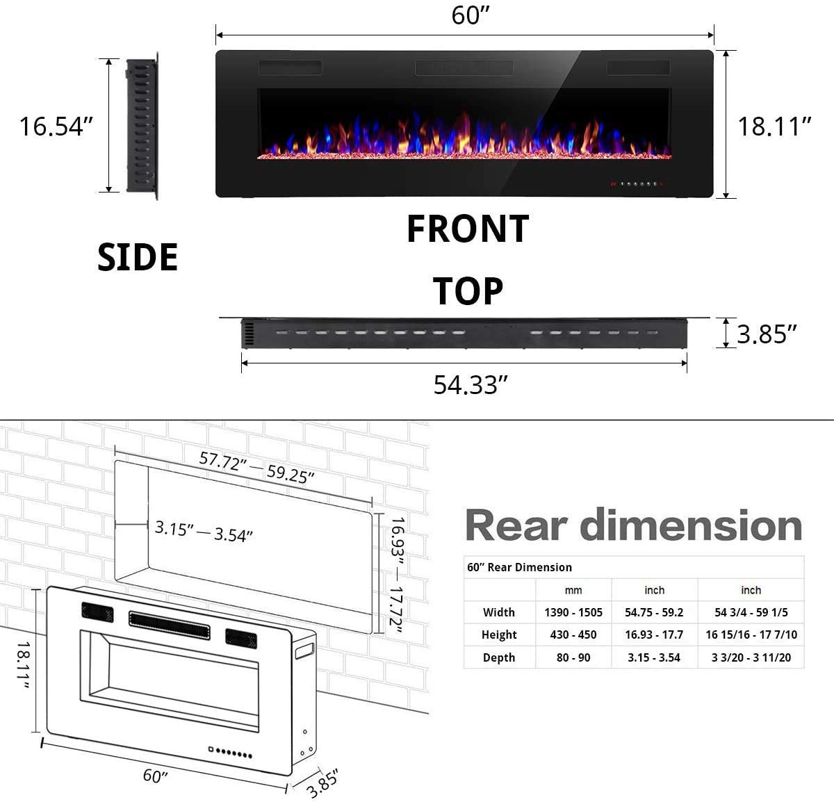 12 Bed Color Mode AJUNION 60 Inch Wall Mounted Silk Screen Printing Electric Fireplace