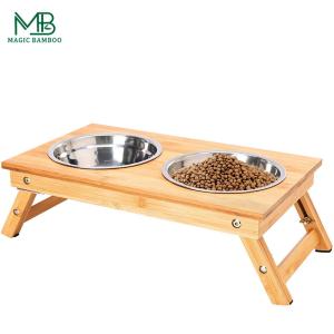 China Bamboo Foldable Pet Feeder Non-Slip Two Bowls wholesale