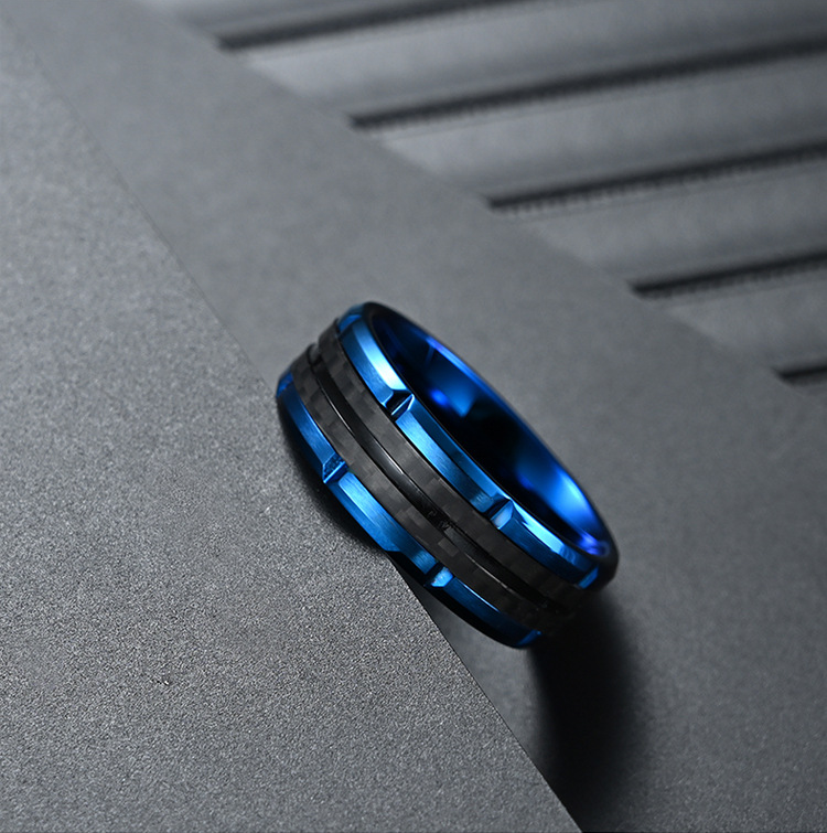High Polishing Mens Stainless Steel Fashion Rings Epoxy Jewelry Carbon Fiber Inlay Rings