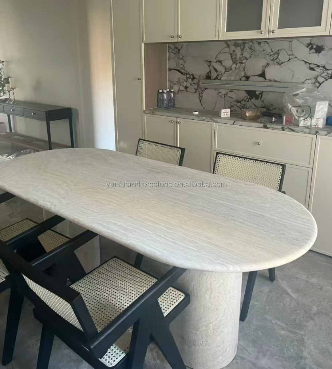 Polished Beige Round Travertine Dining Table Modern Stone Furniture for Living Room